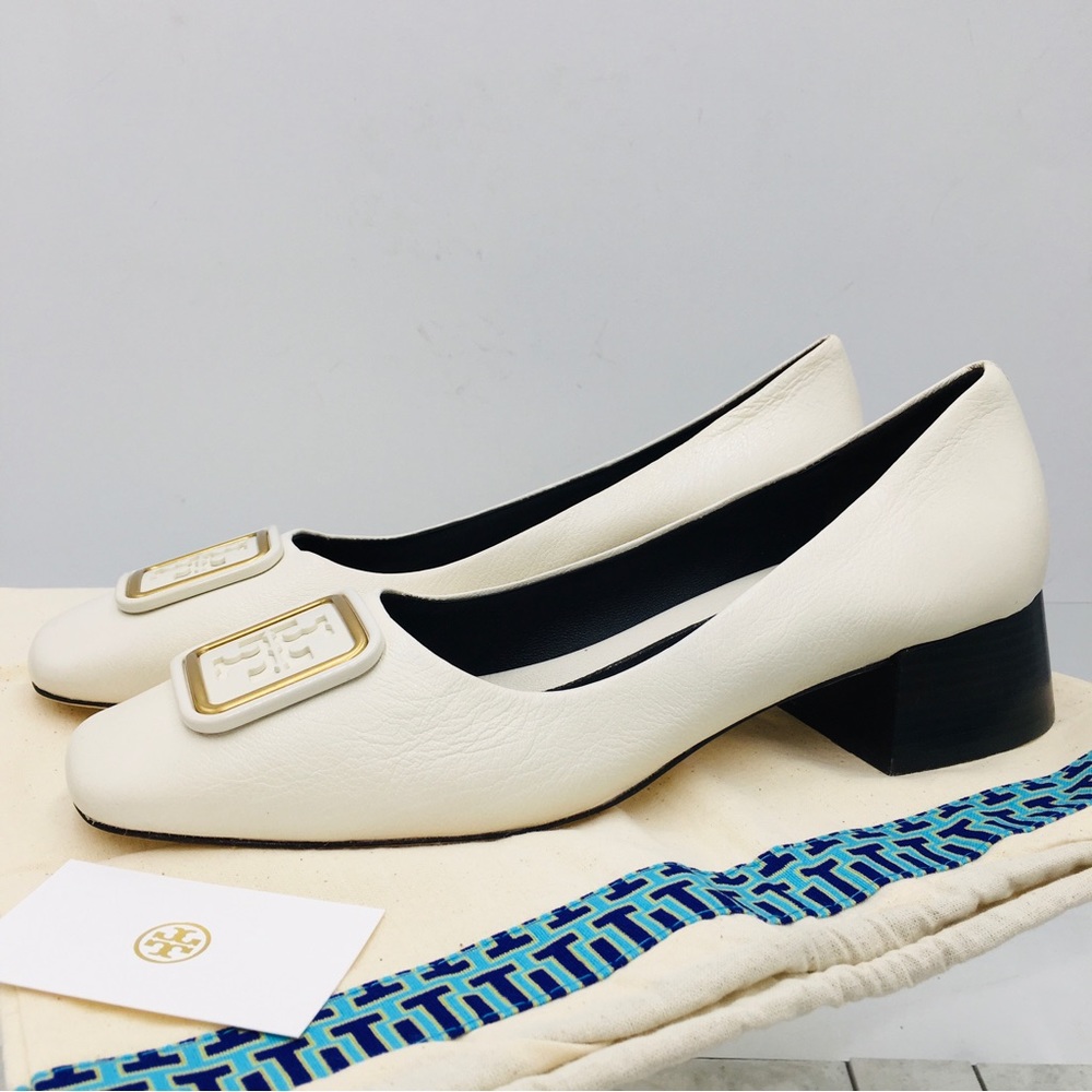 Tory Burch Ivory Leather Low Block Heel Pumps with Gold Logo Accent